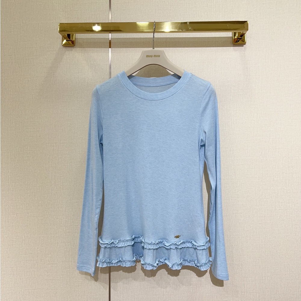 Miu Miu Pastel Blue Long-Sleeve Ruffle-Hem Tank Top